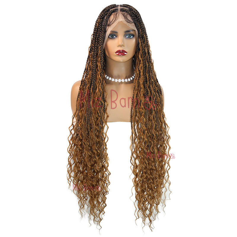 36" Synthetic Blonde Braided Wigs For Women Knotless Full Lace Wig With Curly Hair