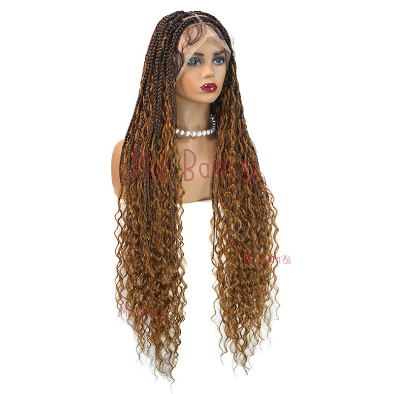36" Synthetic Blonde Braided Wigs For Women Knotless Full Lace Wig With Curly Hair