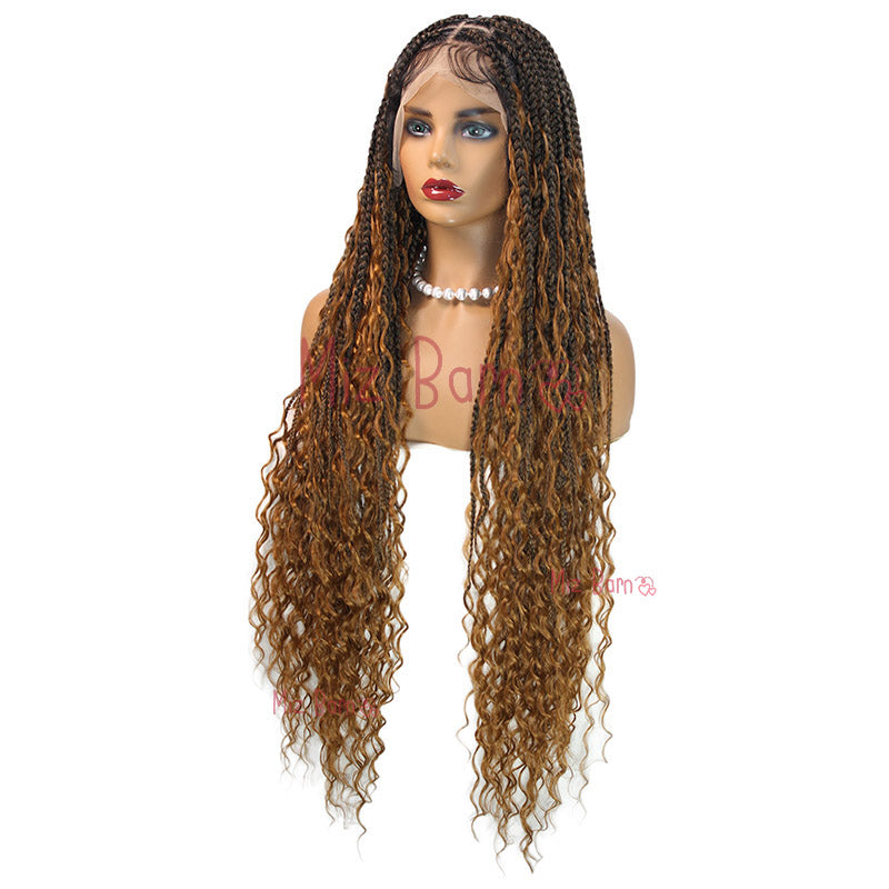36" Synthetic Blonde Braided Wigs For Women Knotless Full Lace Wig With Curly Hair