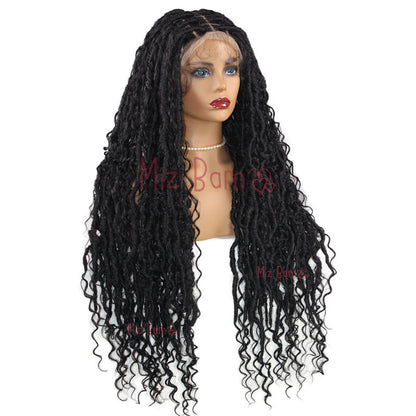 32" Synthetic Wigs Braids Box Knotless Full Lace Boho With Curly Ends