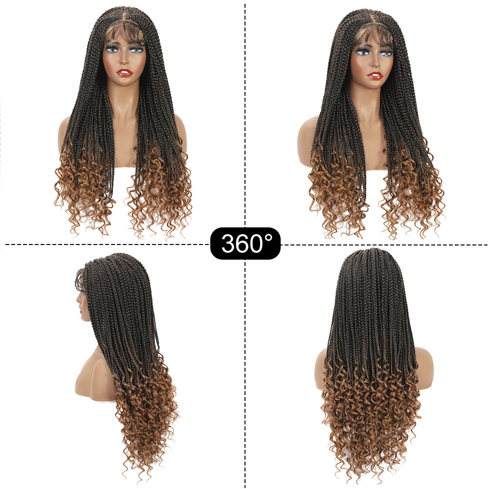 Braided Wigs for Black Women with Curly Ends Box Braids Wig 4×4 Lace Front Wig with Baby Hair (20 Inch, 1B/27)