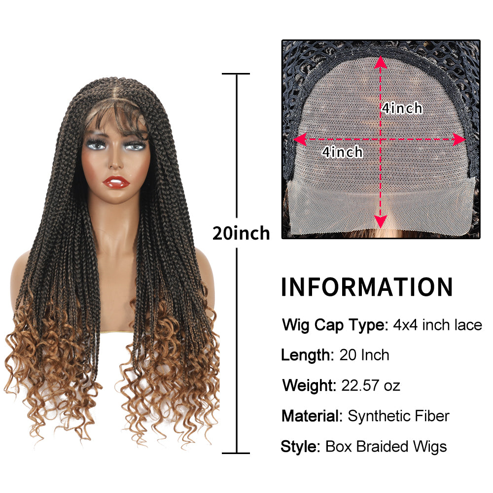Braided Wigs for Black Women with Curly Ends Box Braids Wig 4×4 Lace Front Wig with Baby Hair (20 Inch, 1B/27)