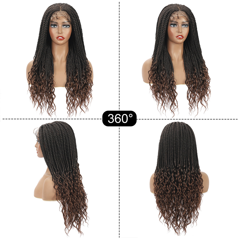 Braided Wigs for Black Women with Curly Ends Box Braids Wig 4×4 Lace Front Wig with Baby Hair (20 Inch, 1B/30)
