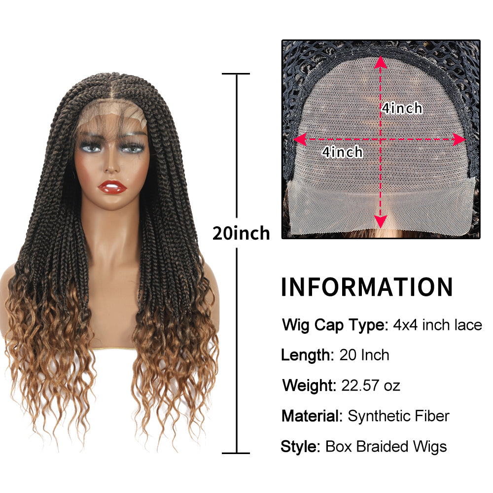 Braided Wigs for Black Women with Curly Ends Box Braids Wig 4×4 Lace Front Wig with Baby Hair (20 Inch, 1B/27)