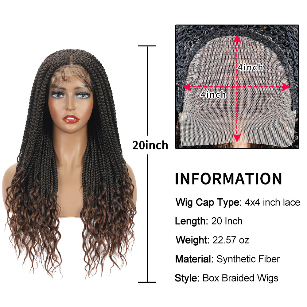 Braided Wigs for Black Women with Curly Ends Box Braids Wig 4×4 Lace Front Wig with Baby Hair (20 Inch, 1B/30)