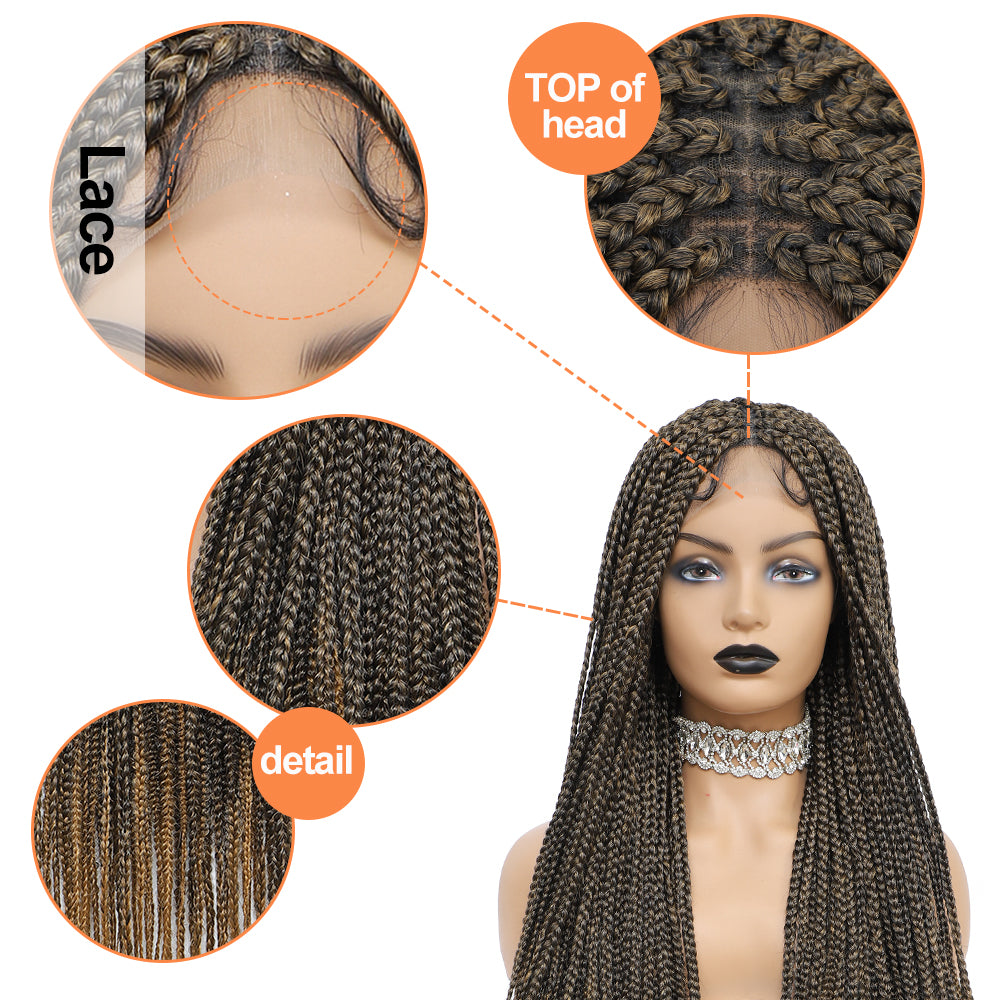 36" Braided Wigs for Black Women Full Lace Hand-Made Knotless Box Braids Straight Synthetic Wigs with Baby Hair (36 Inch, T1B/27)