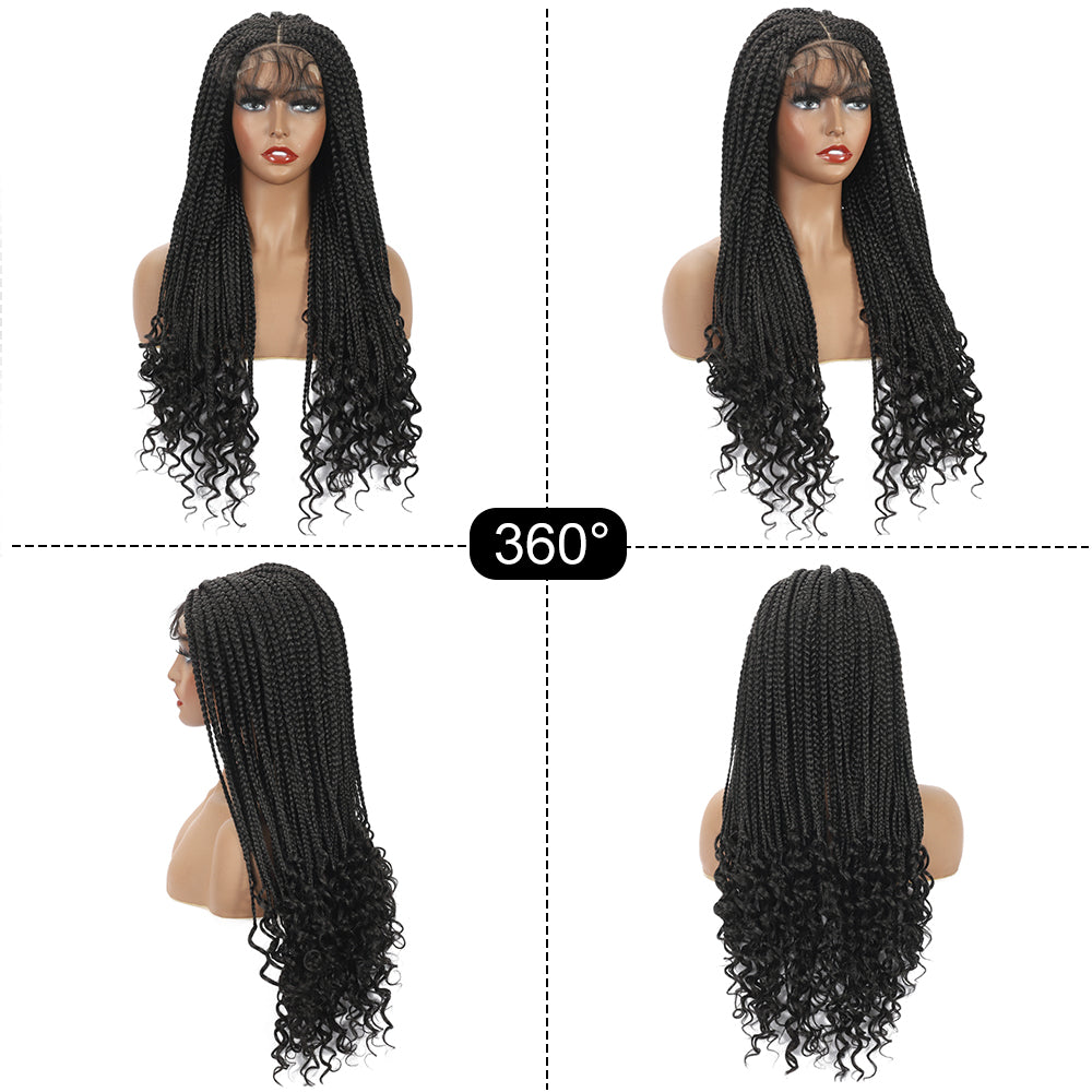 Braided Wigs for Black Women with Curly Ends Box Braids Wig 4×4 Lace Front Wig with Baby Hair (20 Inch, 1B)