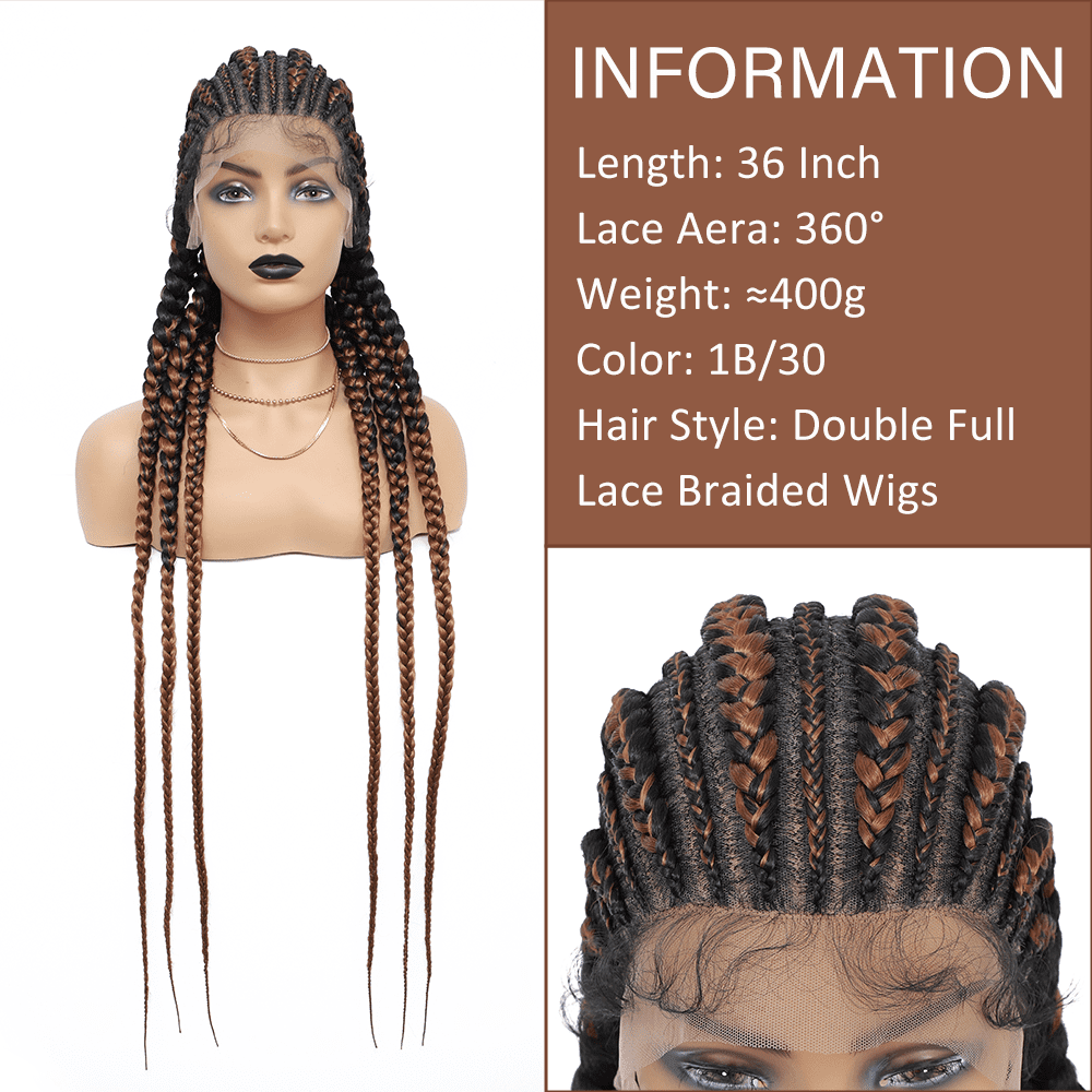 Jumbo Braided Wigs Double Full Lace Knotless Braids Wig with Baby Hair(36 Inch, T1B/30)