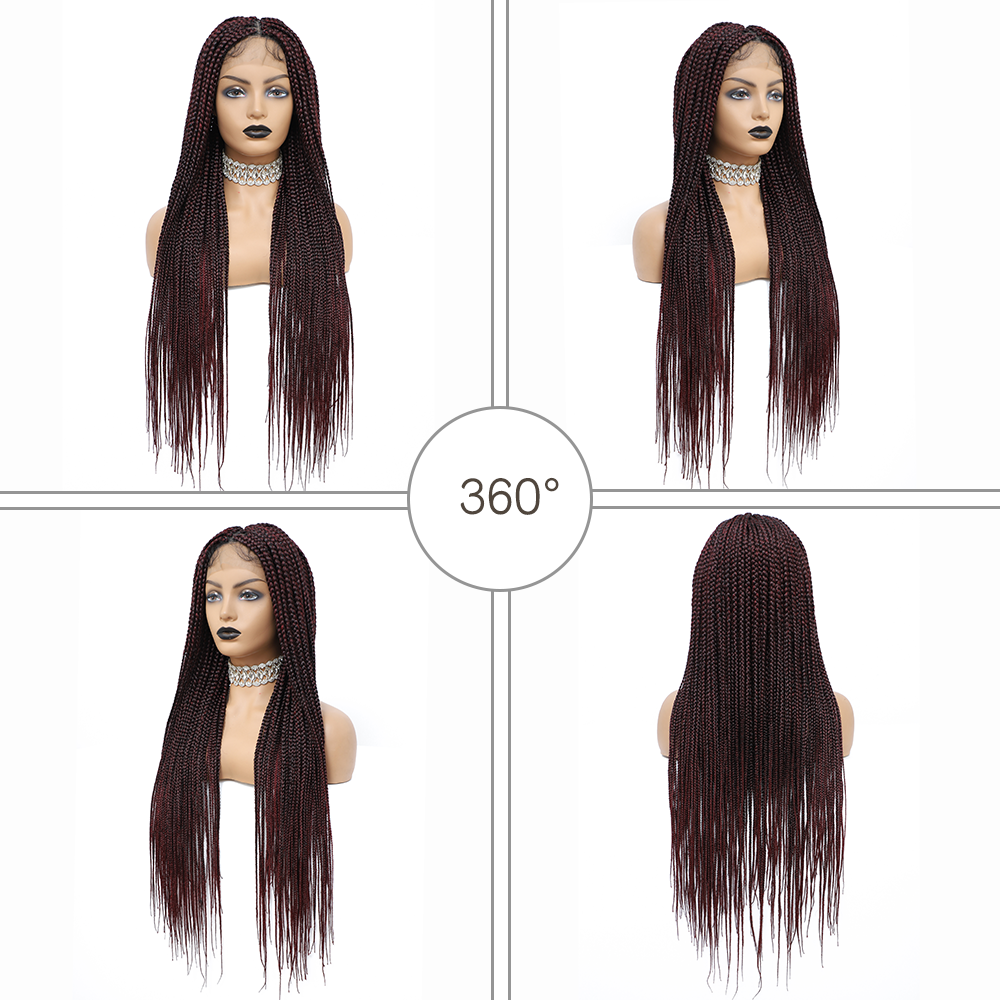 36" Braided Wigs for Black Women Full Lace Hand-Made Knotless Box Braids Straight Synthetic Wigs with Baby Hair (36 Inch, T1B/BUG)