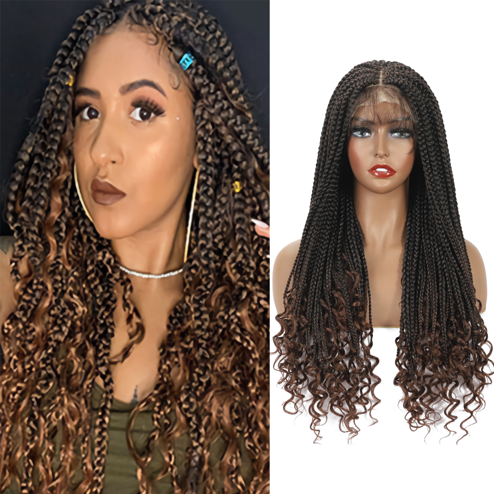 Braided Wigs for Black Women with Curly Ends Box Braids Wig 4×4 Lace Front Wig with Baby Hair (20 Inch, T1B/30)