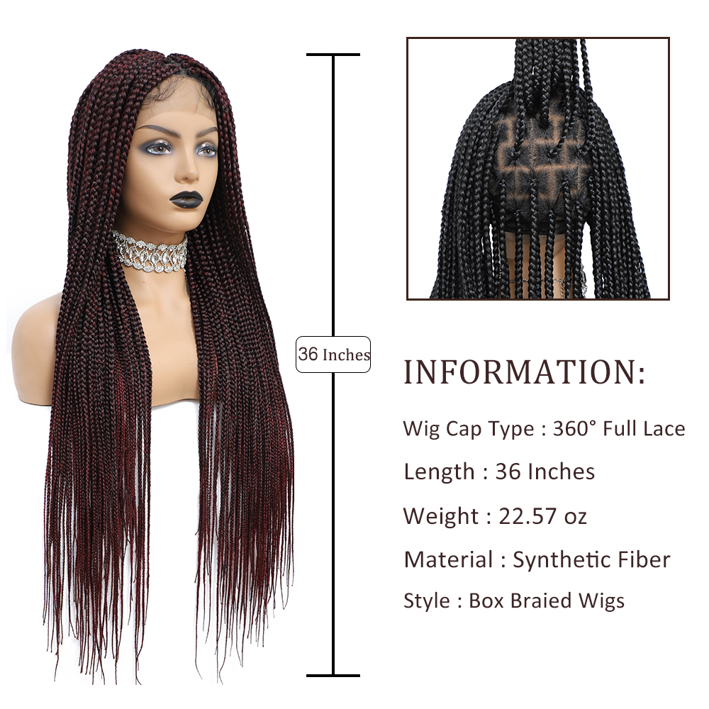 36" Braided Wigs for Black Women Full Lace Hand-Made Knotless Box Braids Straight Synthetic Wigs with Baby Hair (36 Inch, T1B/BUG)