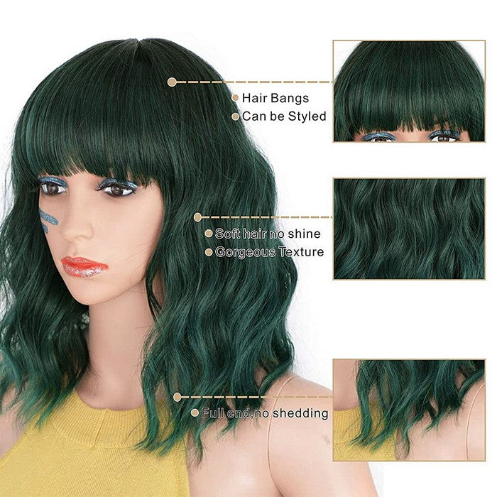Short Green Wigs With Air Bangs Shoulder Length Bob Wig